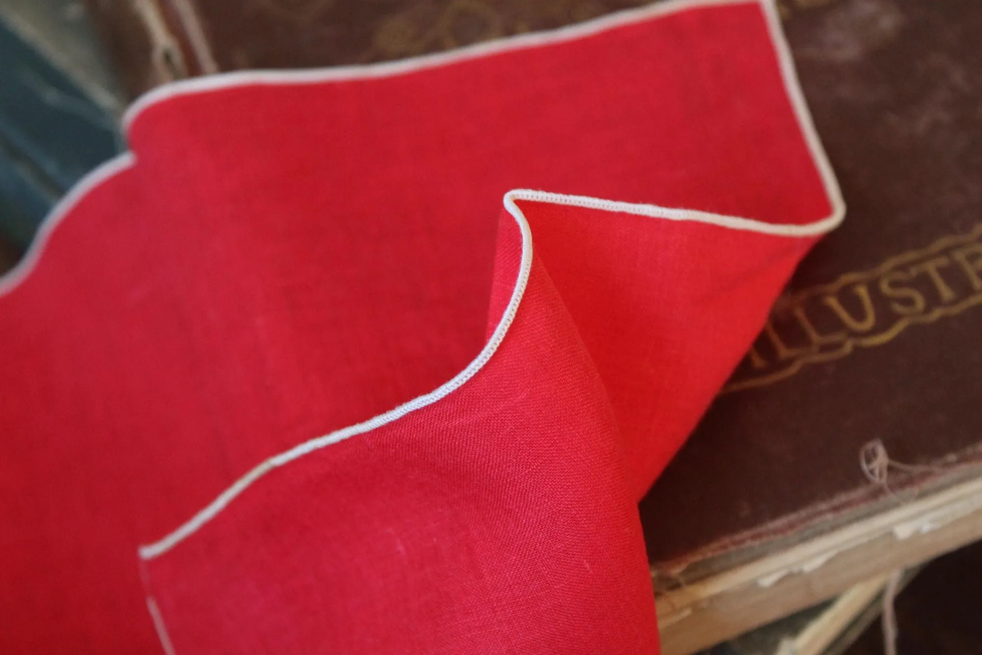 Vintage Red Embroidered Hankie with White and Black Flowers