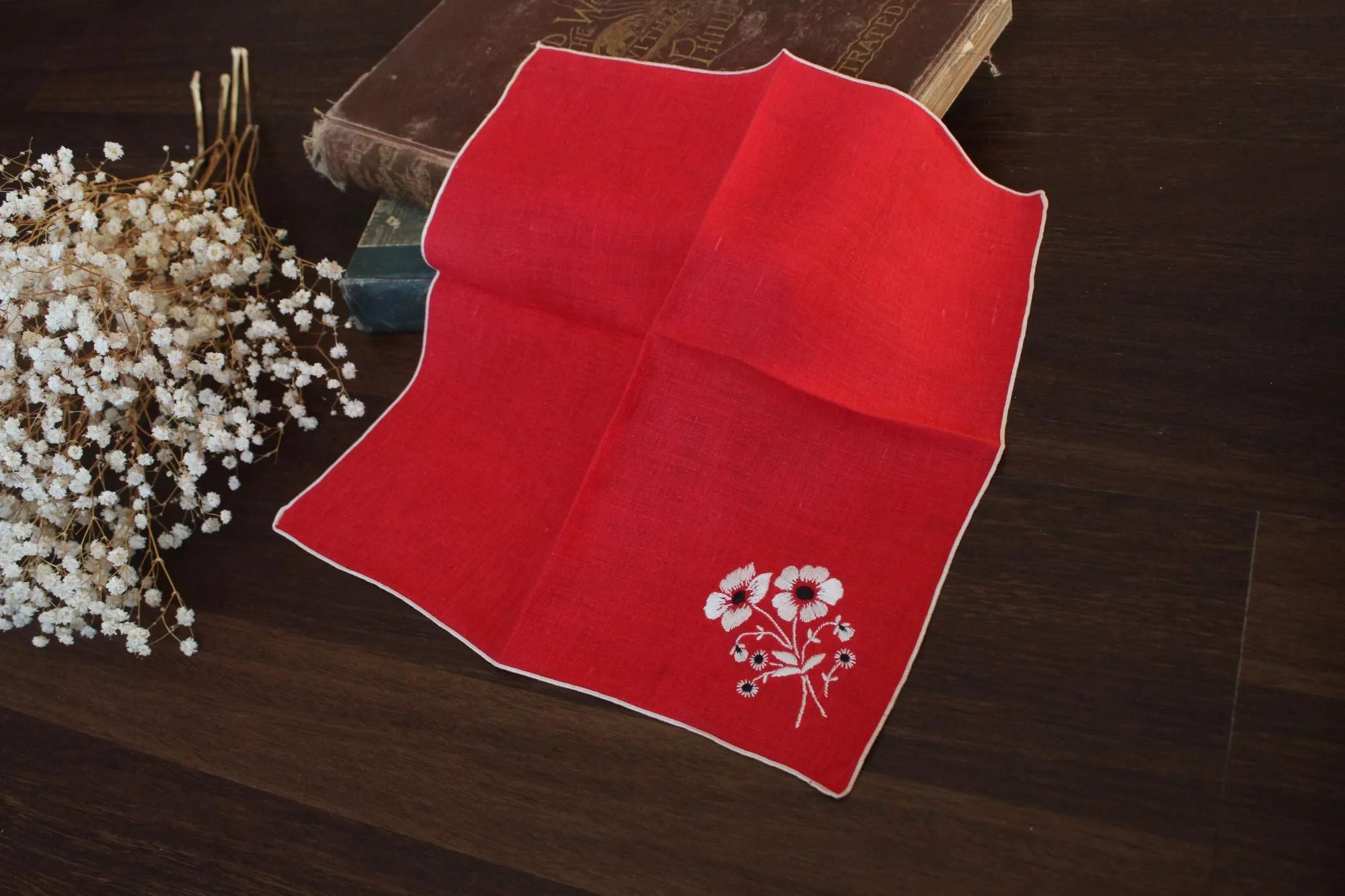 Vintage Red Embroidered Hankie with White and Black Flowers