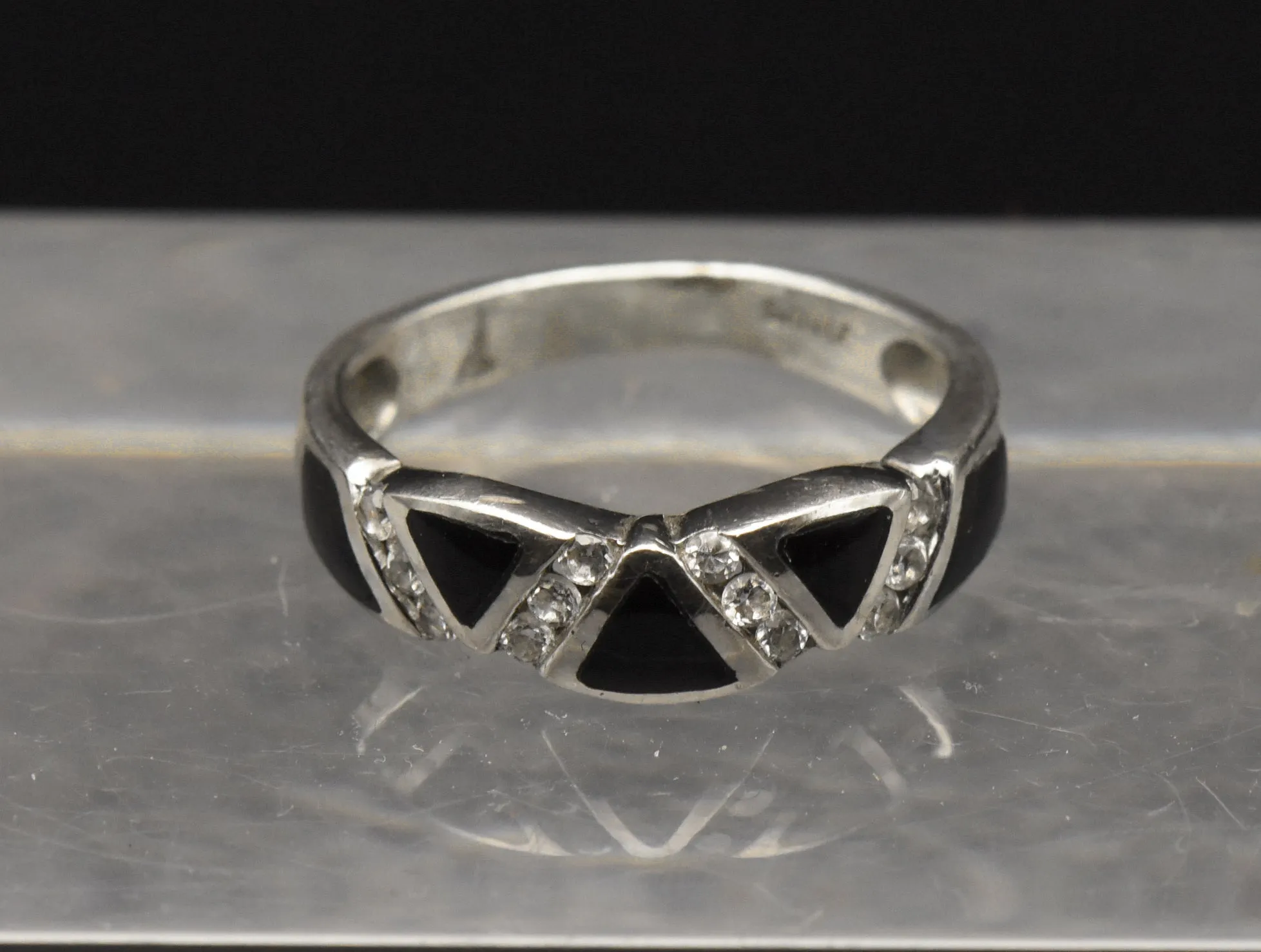 Vintage Sterling Silver Black Onyx and Rhinestone Ring - Size 5.25