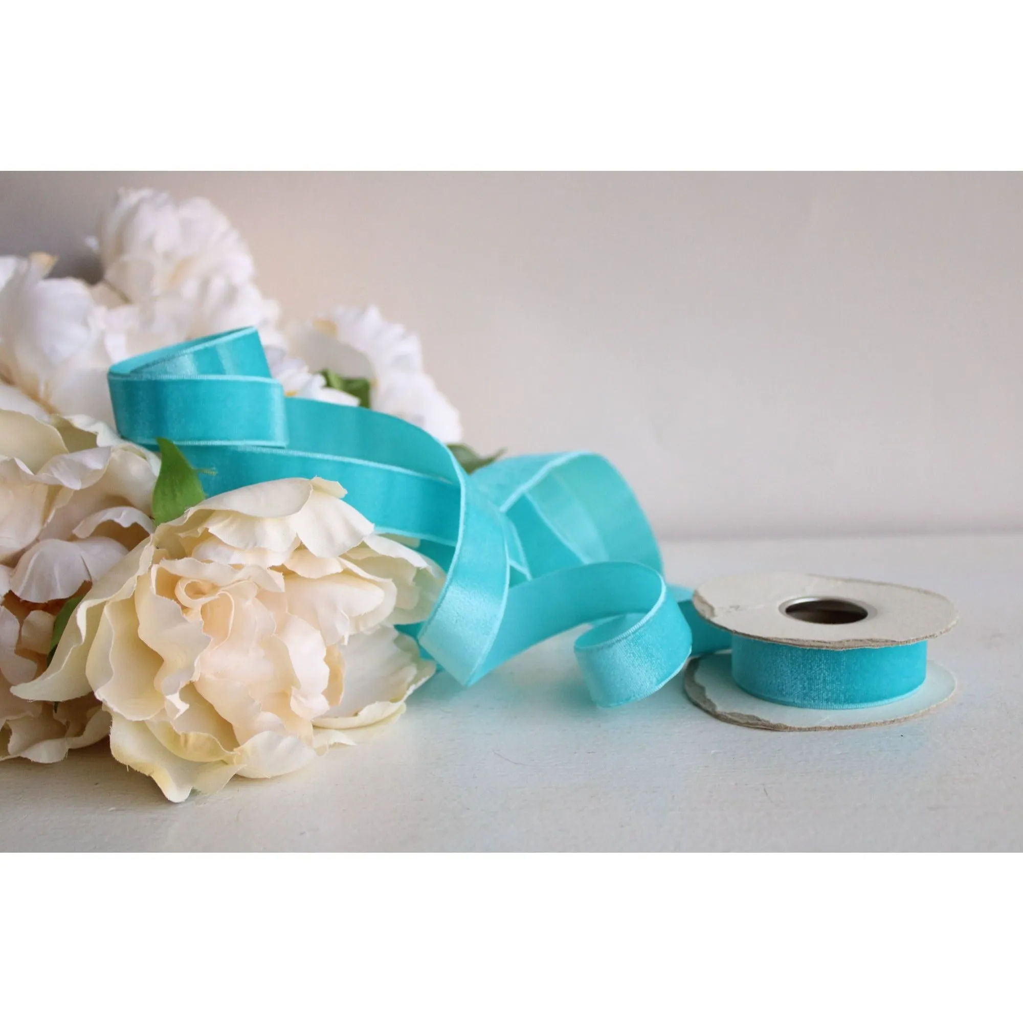 Vintage Teal Blue Velvet Ribbon 7/8" Wide / Two Yards And 22"