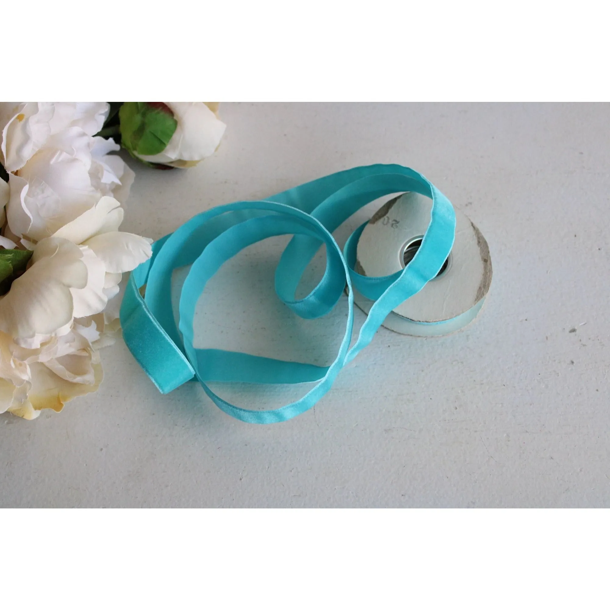 Vintage Teal Blue Velvet Ribbon 7/8" Wide / Two Yards And 22"