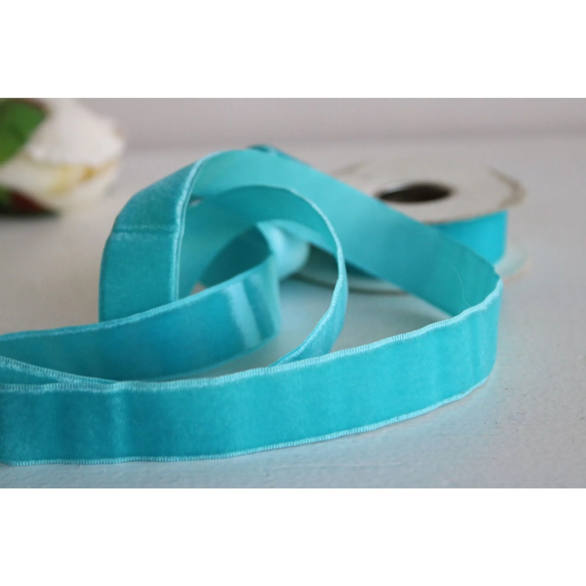 Vintage Teal Blue Velvet Ribbon 7/8" Wide / Two Yards And 22"