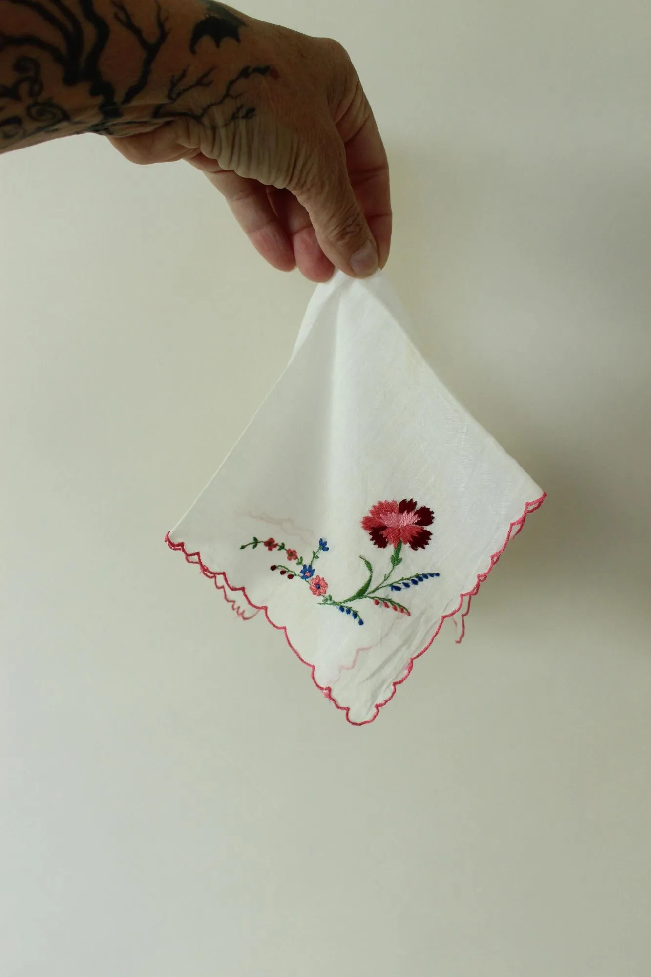 Vintage White Embroidered Flower Cotton Handkerchief