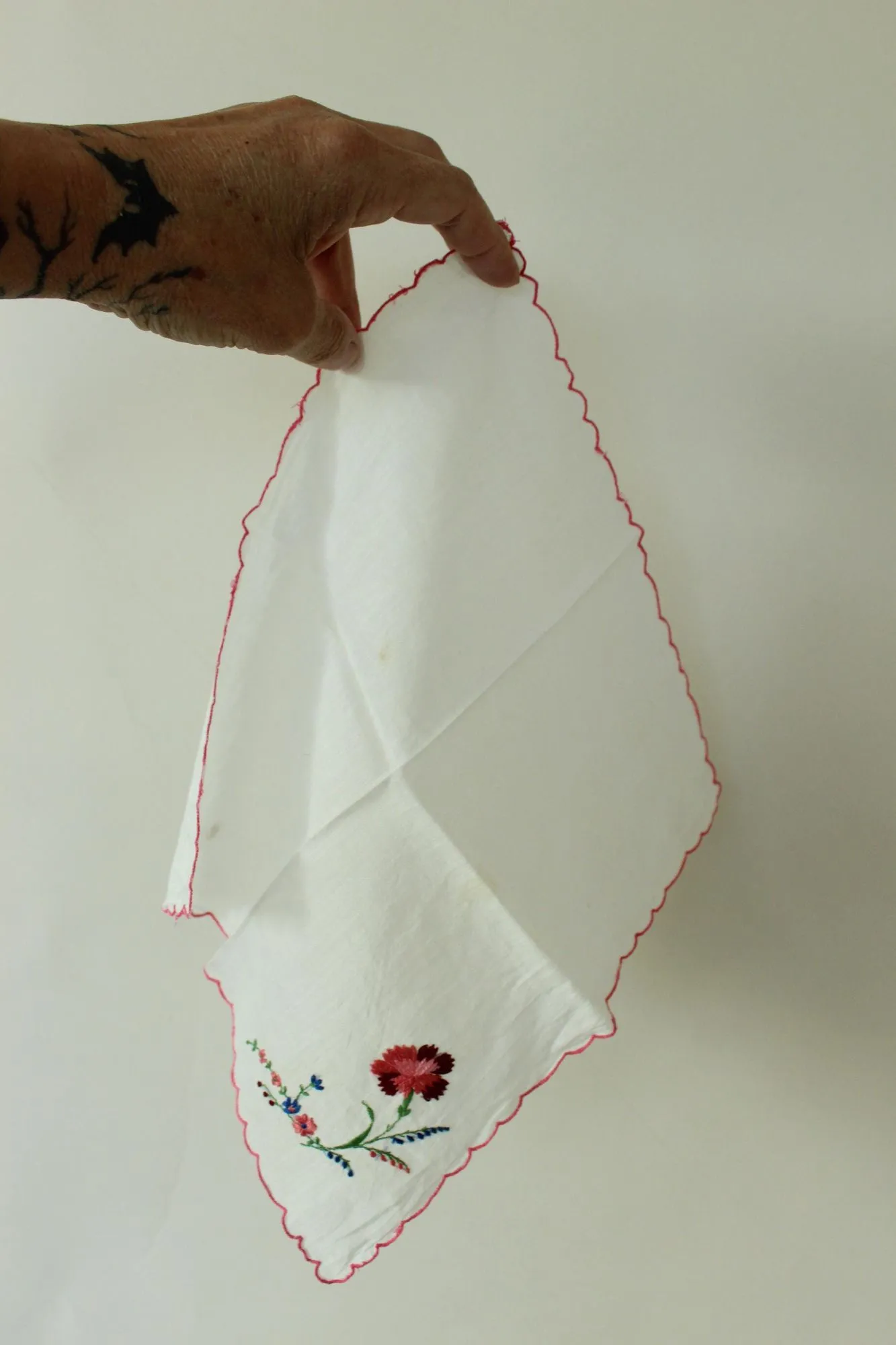 Vintage White Embroidered Flower Cotton Handkerchief