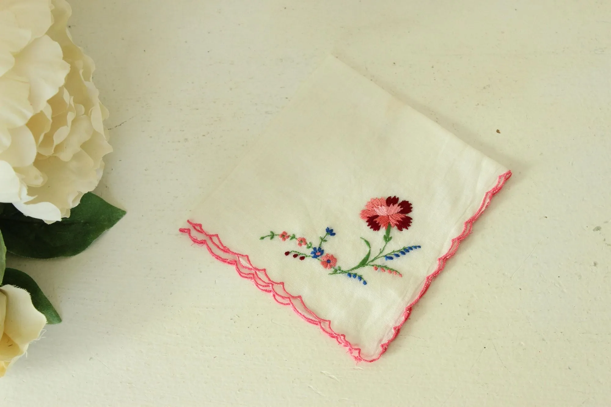 Vintage White Embroidered Flower Cotton Handkerchief