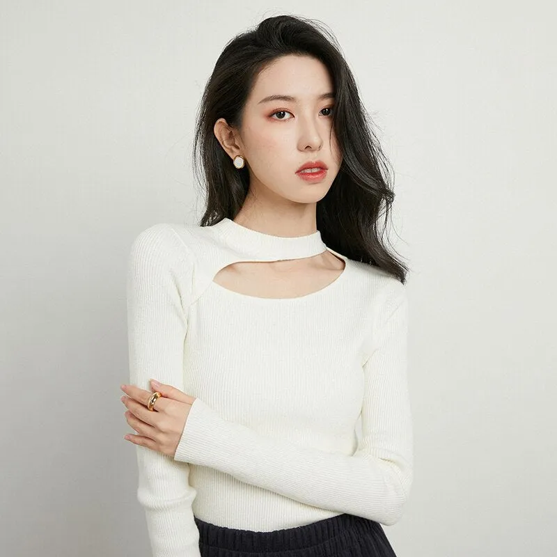 White Skinny T Shirt For Women Round Collar Long Sleeve Solid Minimalist Cut Out T Shirts Female Clothing Fashion