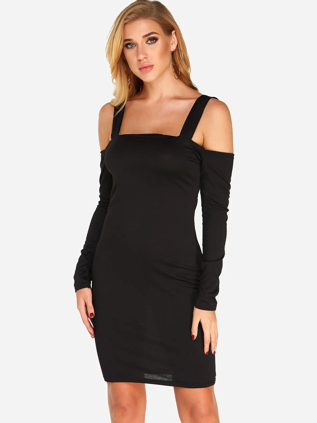 Wholesale Black Cold Shoulder Long Sleeve Plain Mini Dress