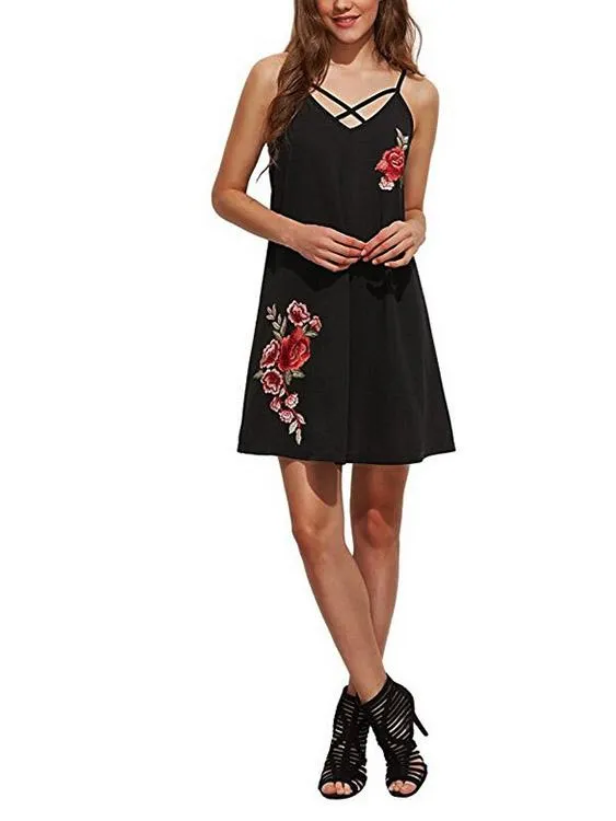 Wholesale Black V-Neck Sleeveless Embroidered Mini Dresses
