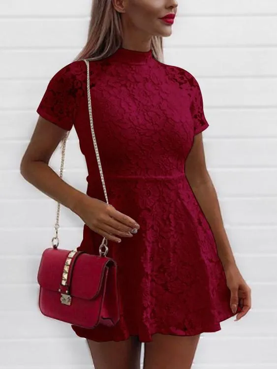 Wholesale Burgundy Crew Neck Short Sleeve Lace Zip Back Mini Dresses