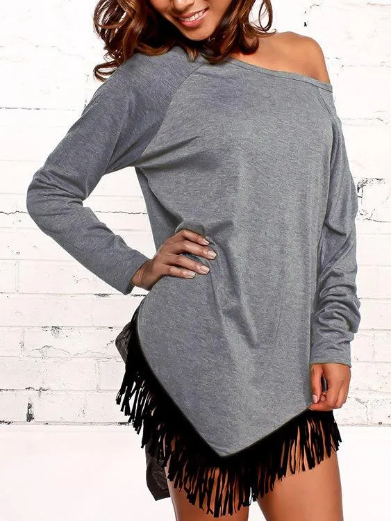 Wholesale Grey One Shoulder Long Sleeve Plain Tassel Tassel Hem Mini Dress