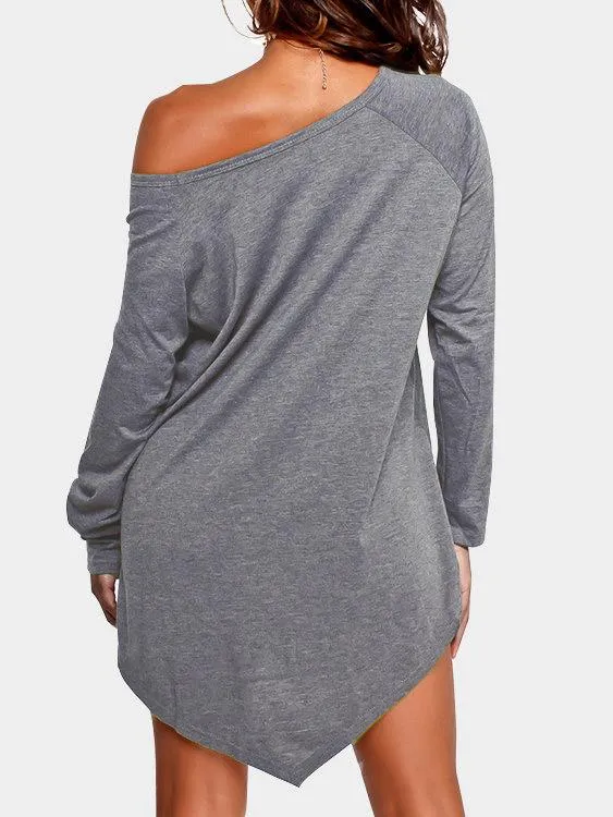 Wholesale Grey One Shoulder Long Sleeve Plain Tassel Tassel Hem Mini Dress