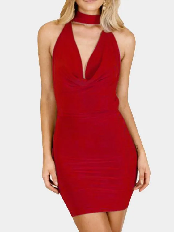 Wholesale Halter Deep V Neck Sleeveless Backless Mini Dress