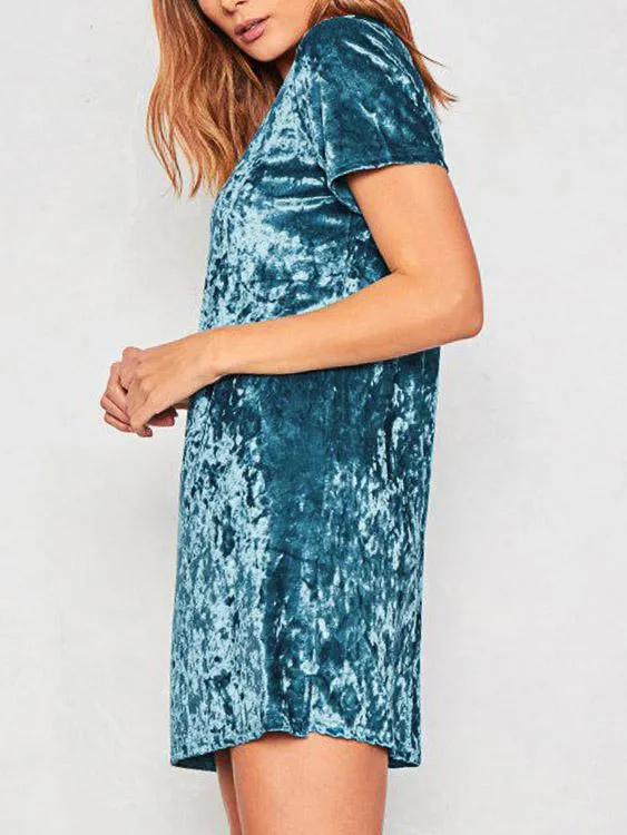 Wholesale Round Neck Plain Short Sleeve Blue Mini Dress