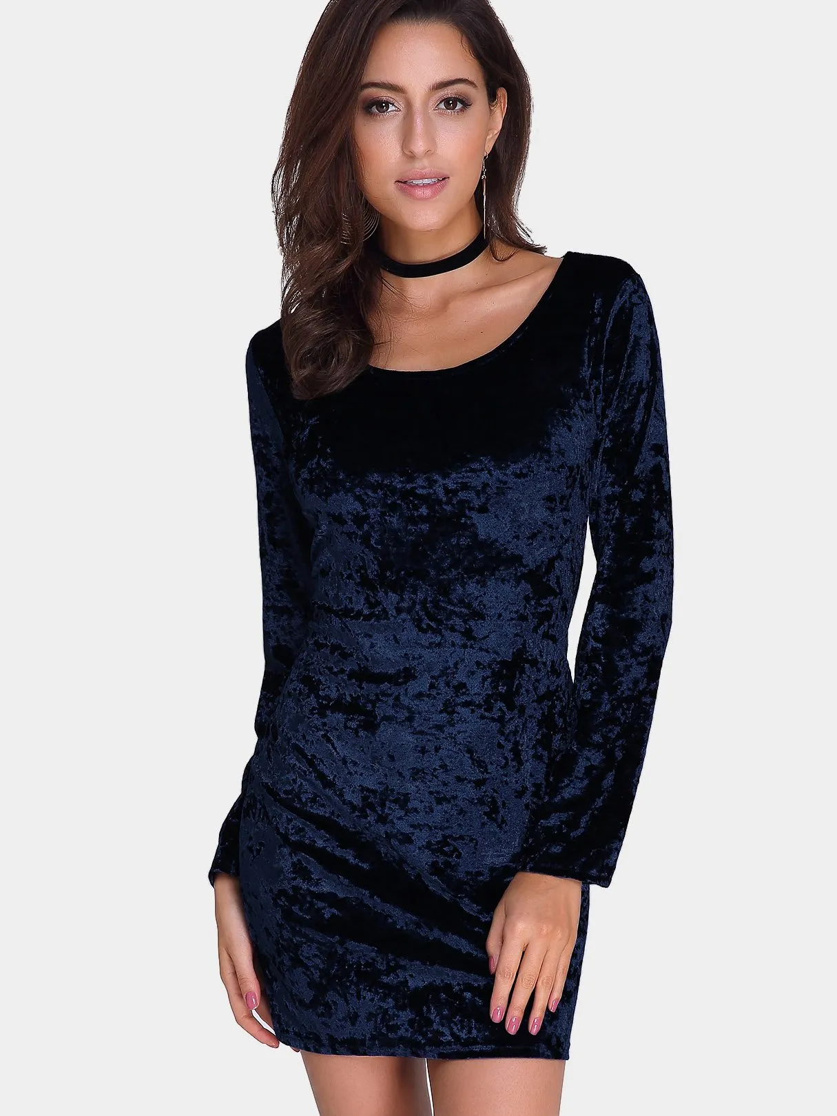 Wholesale Scoop Neck Long Sleeve Plain Bodycon Mini Dress